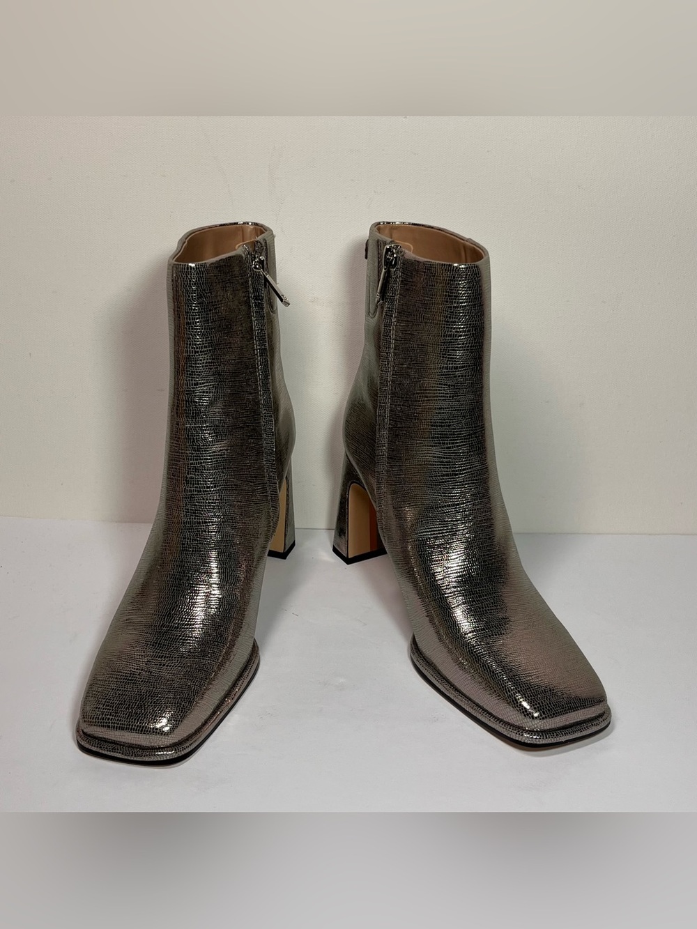 Sam Edelman Irie Metallic Silver Stylish Block Heel Ankle Boots